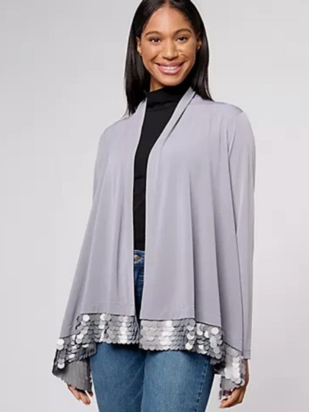 Susan Graver Occasions Liquid Knit Cardigan with Paillette Trim Grey Goddess M/L